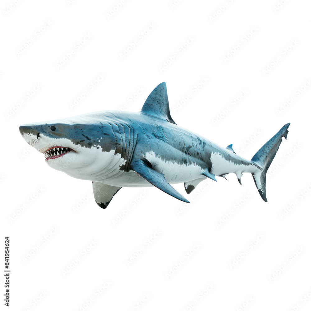 Fototapeta premium Realistic depiction of a Great White Shark isolated on a white background, showcasing its sharp teeth and powerful build.