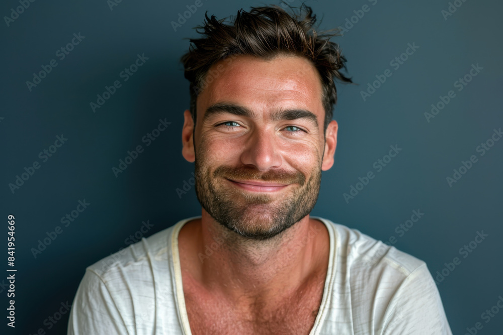 A close up portrait of a young man with a subtle smile A close up portrait of a young man with a subtle smile