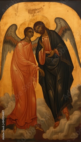A Coptic Orthodox icon of Saint Thomas, looking into heaven at an angel carrying the body of Saint Mary.