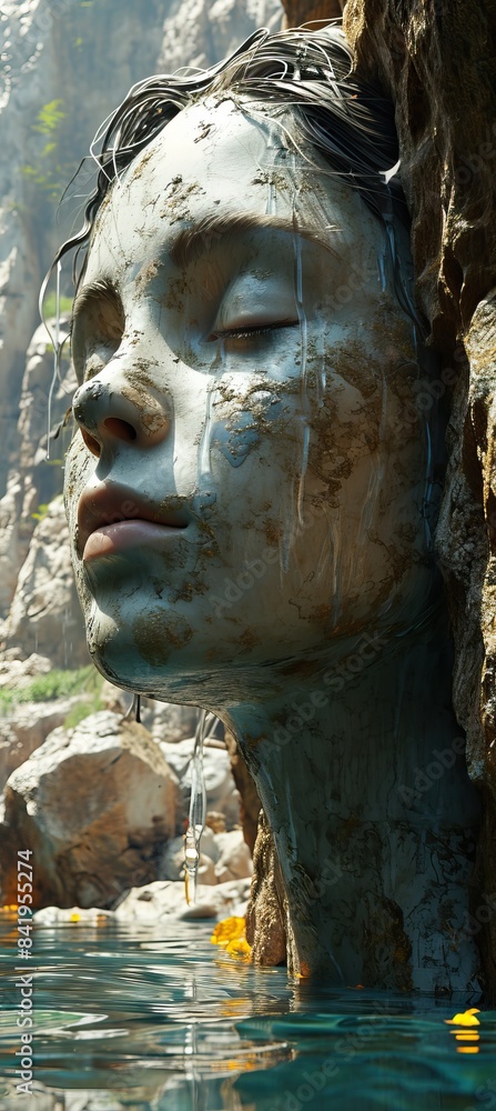 a face carved into a mountain in nature where books are pouring out into what looks like water. the water and books are like one and the mountain seems to be getting rid of them both. a small child a face carved into a mountain in nature where books are pouring out into what looks like water. the water and books are like one and the mountain seems to be getting rid of them both. a small child