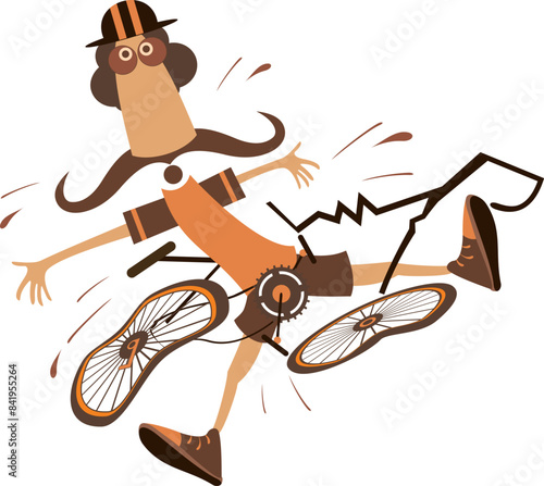 Cyclist man falling down from the bicycle. 
Cartoon long mustache cyclist man in helmet laying under the broken bicycle. Isolated on white background
