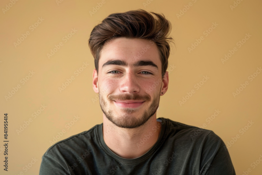 A close up portrait of a young man with a subtle smile A close up portrait of a young man with a subtle smile