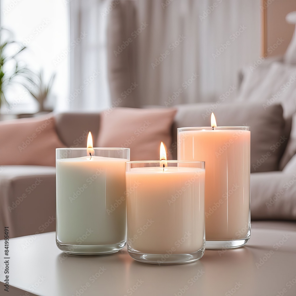 burning candles in living room, cosy winter interior home decor, calm and relax living mockup arrangement