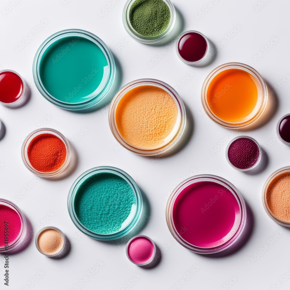 Close up on chemical reactions in petri dishes, vibrant colors showcasing scientific experiments. Top view Close up on chemical reactions in petri dishes, vibrant colors showcasing scientific experiments. Top view