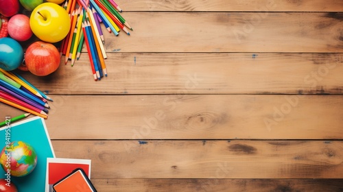 Back to school: colorful frame of supplies on rustic wooden background - educational concept with pens, pencils, notebooks, and more - classroom essentials for learning and creativity.

 photo