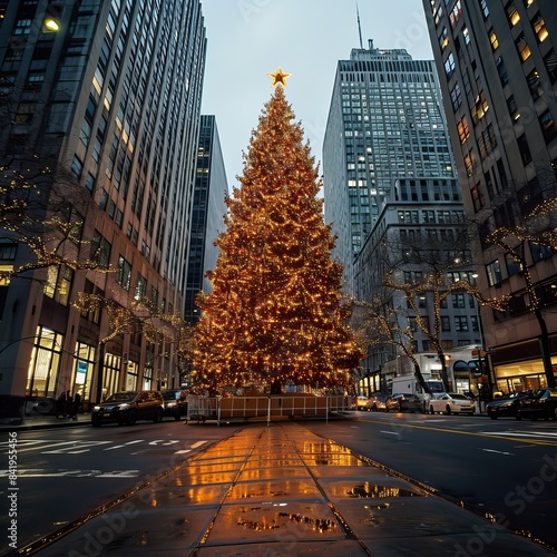 a giant office tower looks like chrismas tree in city of new york