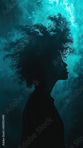 a girl in black with a big head of hair in the dark, in the style of grindcore, made of mist, intriguingly taboo, 8k resolution, teal, devilcore, dark blue