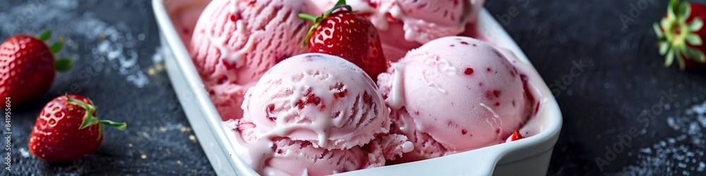 Elegant summer ice cream with pink strawberry scoops in a dish, ideal for copy space for text Elegant summer ice cream with pink strawberry scoops in a dish, ideal for copy space for text