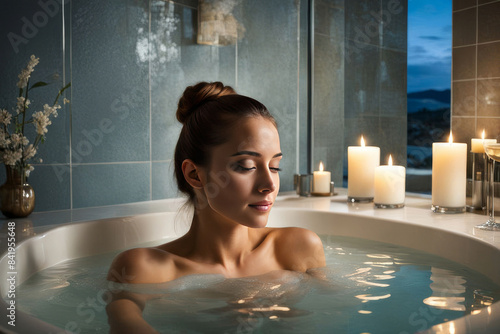 Young woman take bubble bath with candles. Spa at home. photo