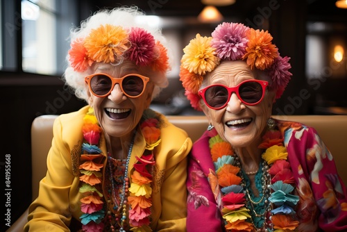Two old happy women dressed in bright clothes having fun in an amusement park,