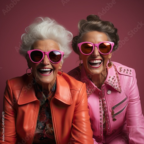 Portrait of two grandmothers in pink clothes and glasses on a pink background.