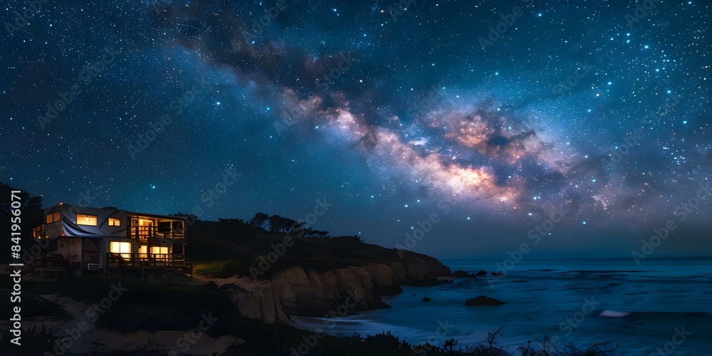 Upscale RV in tranquil nature setting by ocean under starlit sky. Concept Luxury Camping, Ocean Views, Stargazing, Nature Escape, Outdoor Adventure Upscale RV in tranquil nature setting by ocean under starlit sky. Concept Luxury Camping, Ocean Views, Stargazing, Nature Escape, Outdoor Adventure