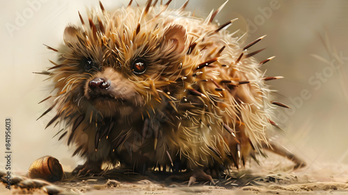 A graphic fantasy design of a choleric and grubby fluffy hedgehog with pointed spikes. 