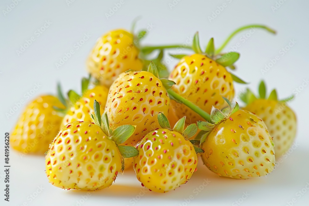 Harvest of yellow strawberries close up on bushes in the garden. Harvest berries concept.
Harvest of yellow strawberries close up on bushes in the garden. Harvest berries concept.