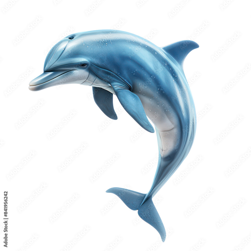 Obraz premium A high-quality 3D render of a graceful dolphin leaping in mid-air against a white background, showcasing its sleek and playful nature.