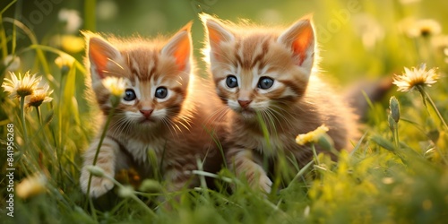 Three playful red kittens romping on green grass in cheerful setting. Concept Pets, Kittens, Playful, Red, Grass