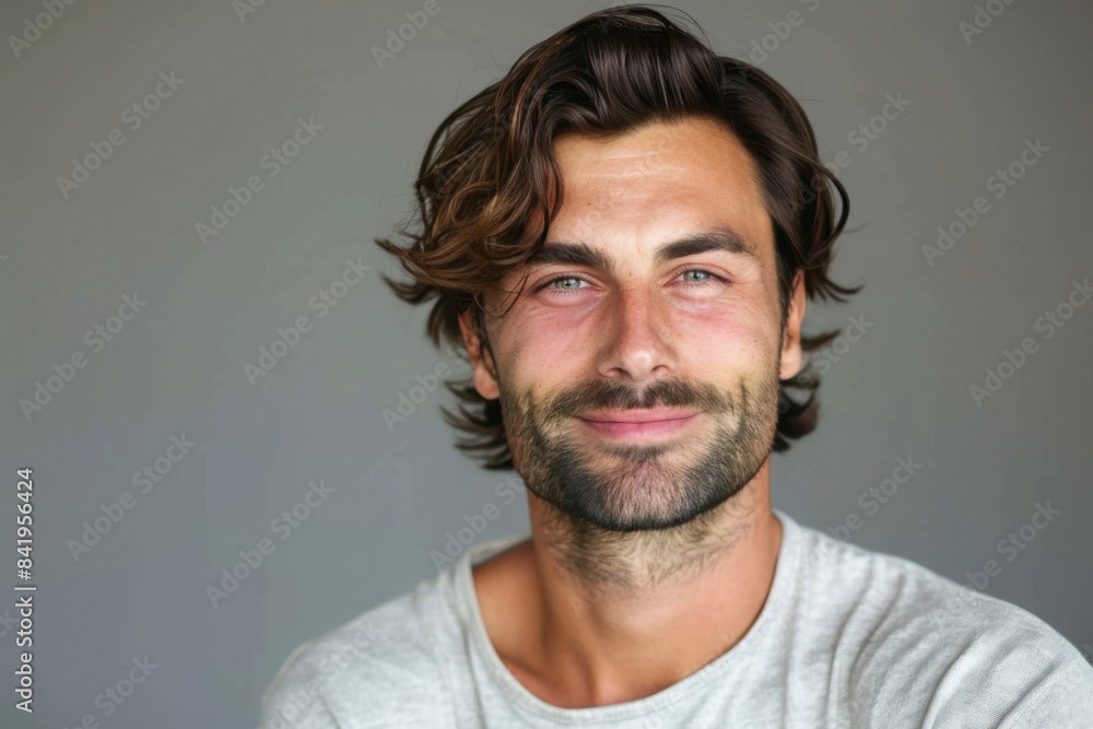 A close up portrait of a young man with a subtle smile A close up portrait of a young man with a subtle smile