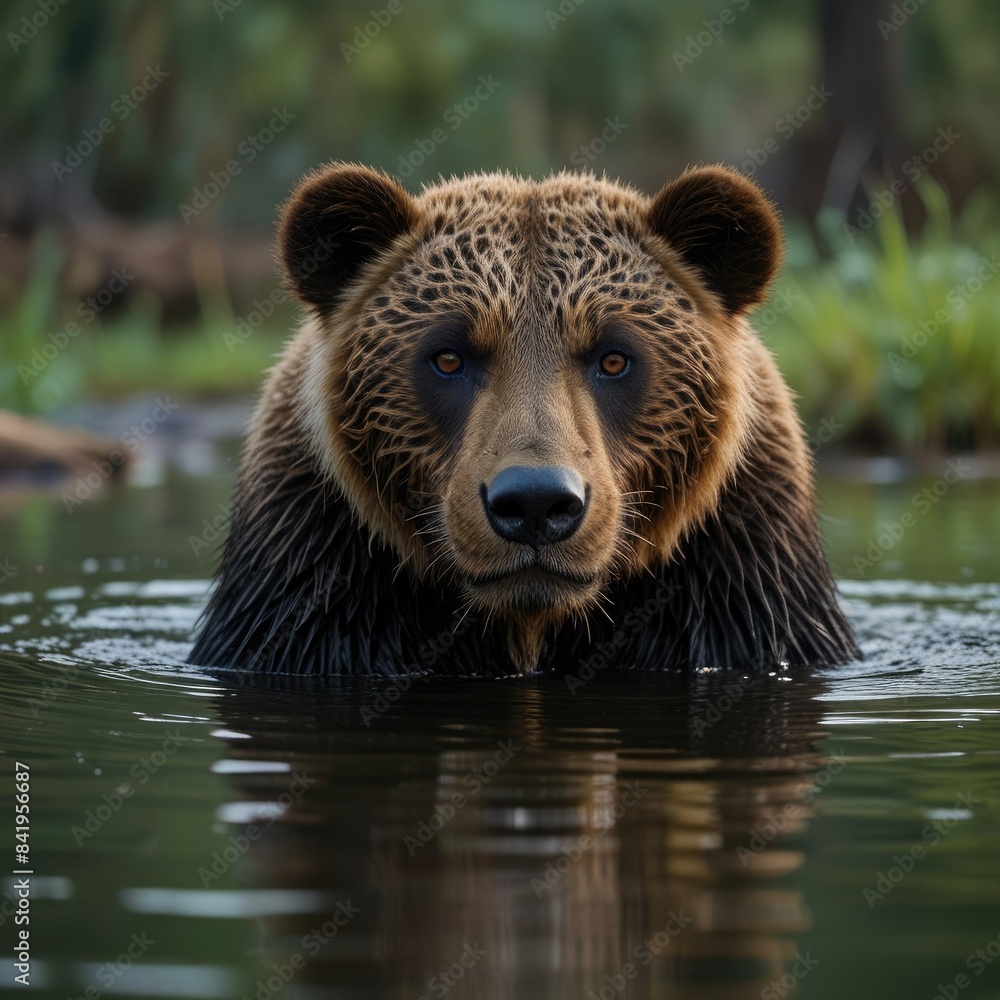 a brown bear is swimming in a pond with water and trees in the background. a brown bear is swimming in a pond with water and trees in the background.
