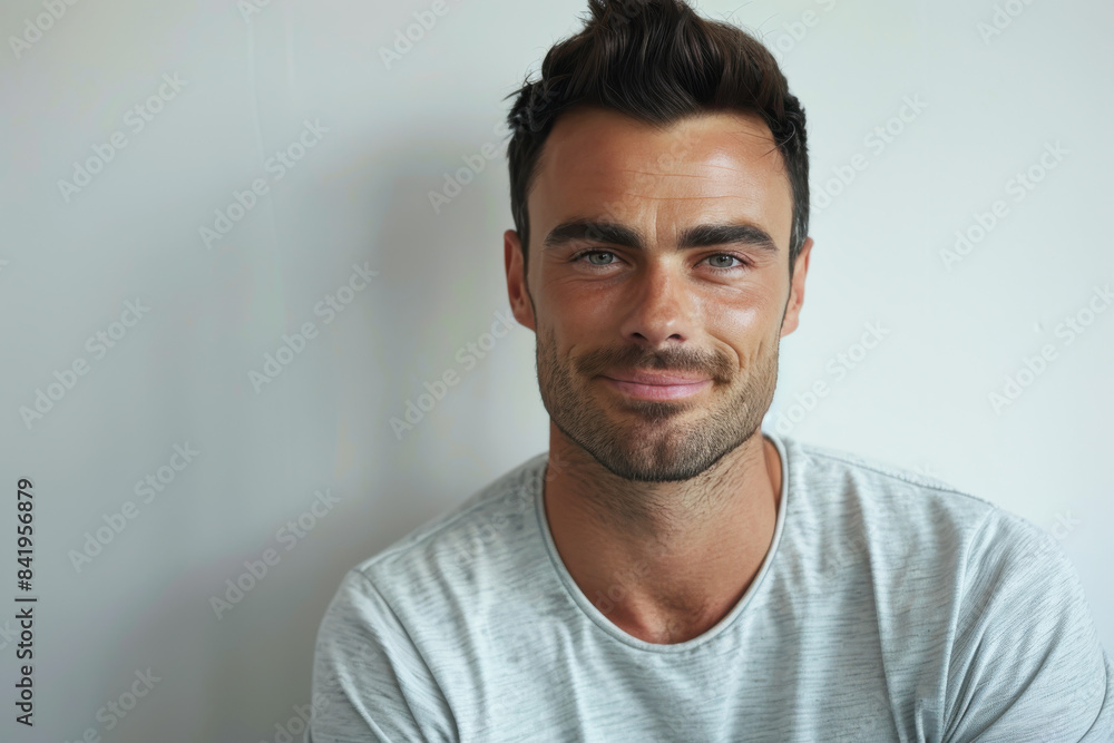 A close up portrait of a young man with a subtle smile A close up portrait of a young man with a subtle smile