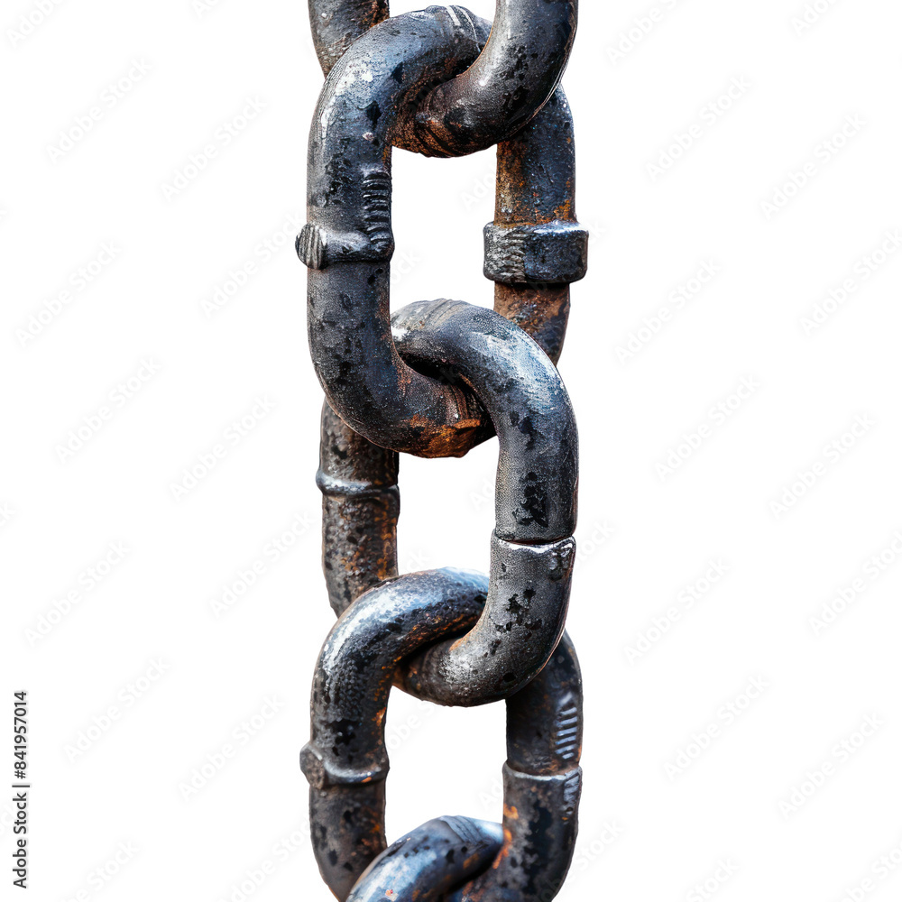 Close-up of a heavy-duty rusted metallic chain link, showing texture and industrial strength, isolated on a white background. Close-up of a heavy-duty rusted metallic chain link, showing texture and industrial strength, isolated on a white background.