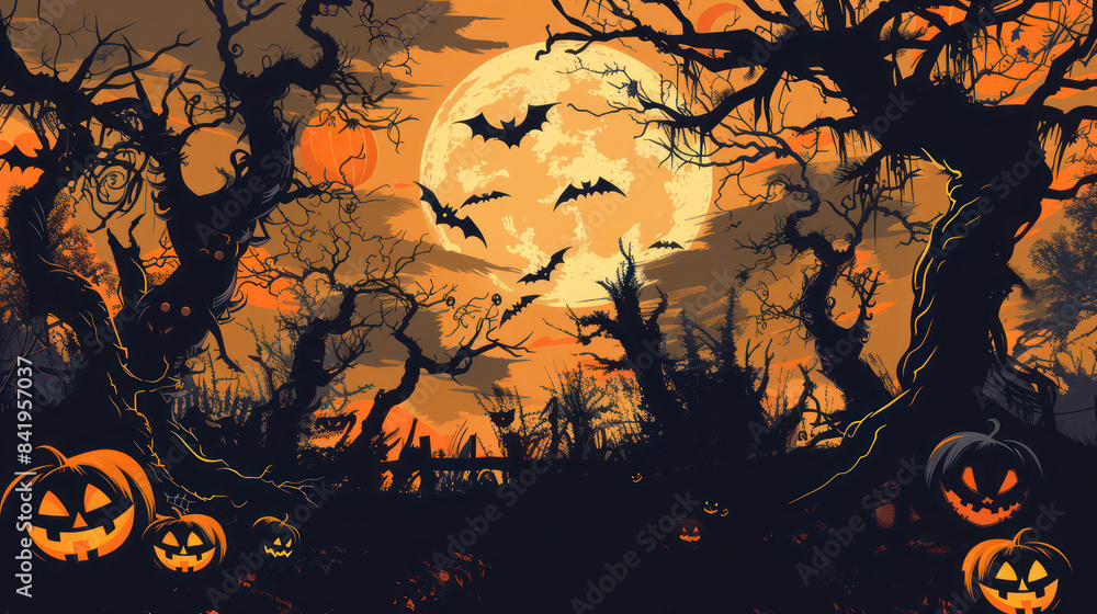 Spooky Halloween advertisement banner with a scary, eerie atmosphere, pumpkins and bats Spooky Halloween advertisement banner with a scary, eerie atmosphere, pumpkins and bats