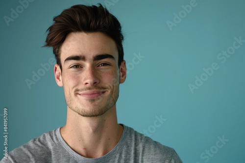 A close up portrait of a young man with a subtle smile