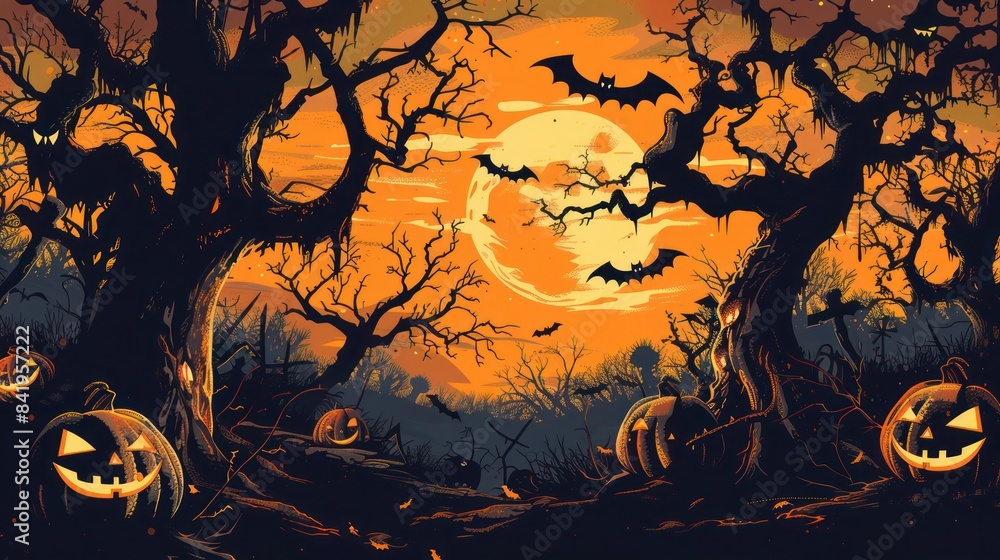 Spooky Halloween advertisement banner with a scary, eerie atmosphere, pumpkins and bats Spooky Halloween advertisement banner with a scary, eerie atmosphere, pumpkins and bats