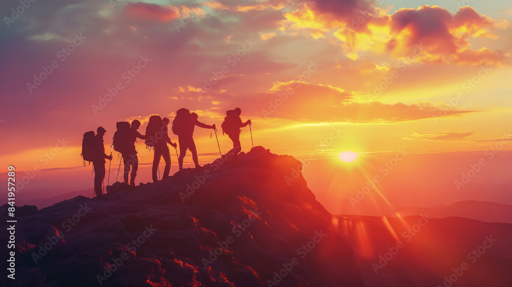 Fototapeta premium Group Of Adventurous Hikers Reach Mountain Summit During Stunning Sunset