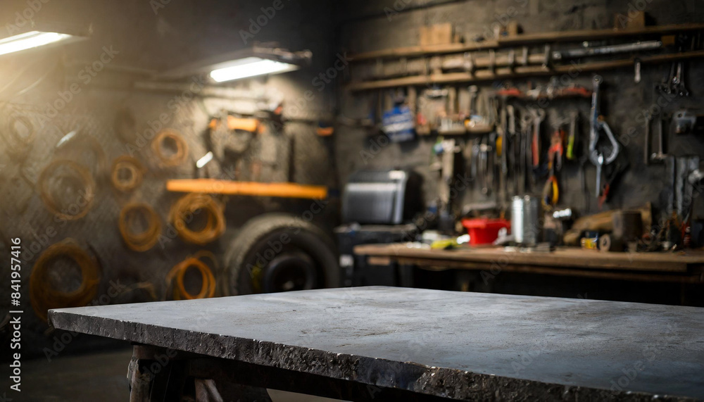Rough metal workshop desk on blurred garage backdrop, symbolizing industrial creativity craftsmanship. Copy space available Rough metal workshop desk on blurred garage backdrop, symbolizing industrial creativity craftsmanship. Copy space available