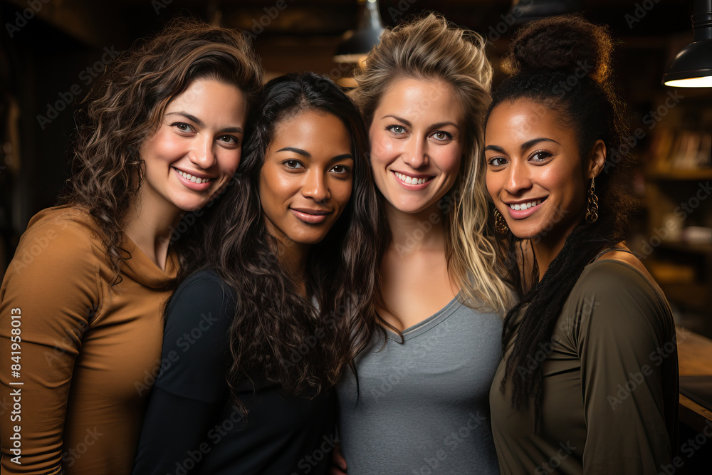 Fototapeta premium Portrait of a group of four girls of different nationalities, a meeting of friends in a cafe.