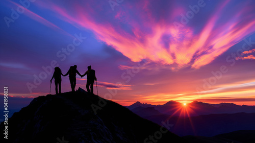  Friends On Summit, Holding Hands, Enjoying Stunning Sunset Sky