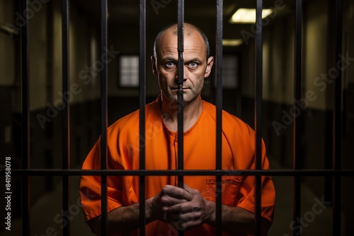 Middle aged Caucasian prisoner in orange uniform holds hands on metal bars, looking at camera. Criminal serves term of imprisonment in prison cell. Inmate stands behind bars in jail or detention