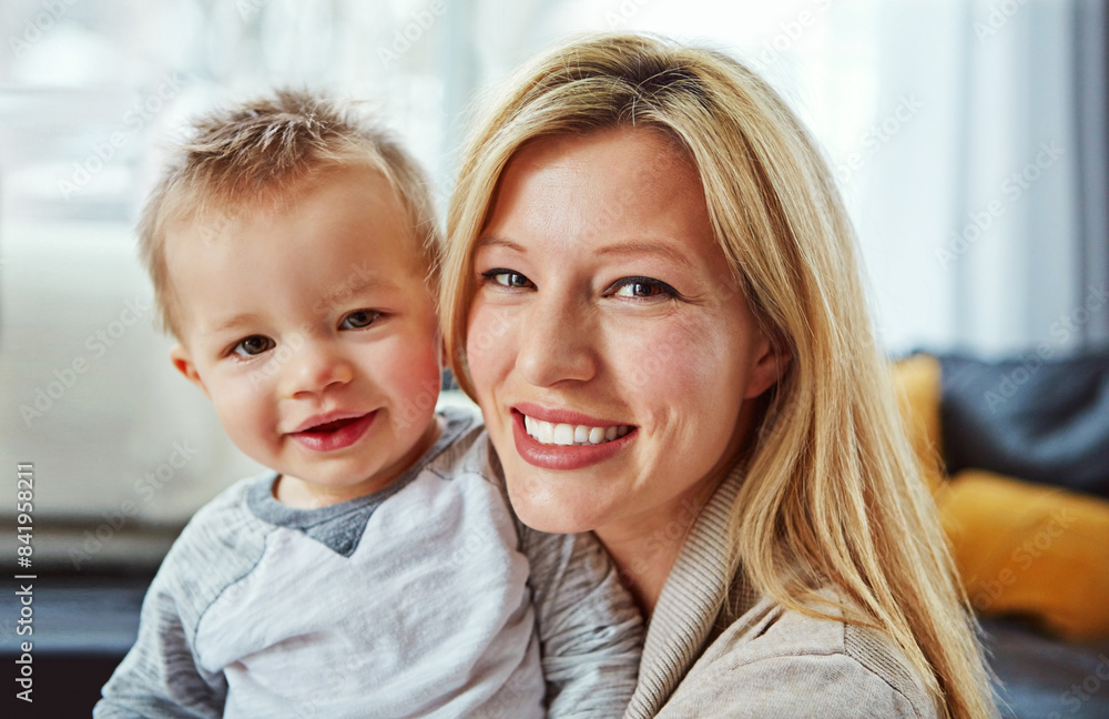 Mother, baby and portrait in house with hug or happiness for motherhood, growth or wellness of child. Toddler, woman and smile in home for care and bonding together with love, development and relax Mother, baby and portrait in house with hug or happiness for motherhood, growth or wellness of child. Toddler, woman and smile in home for care and bonding together with love, development and relax