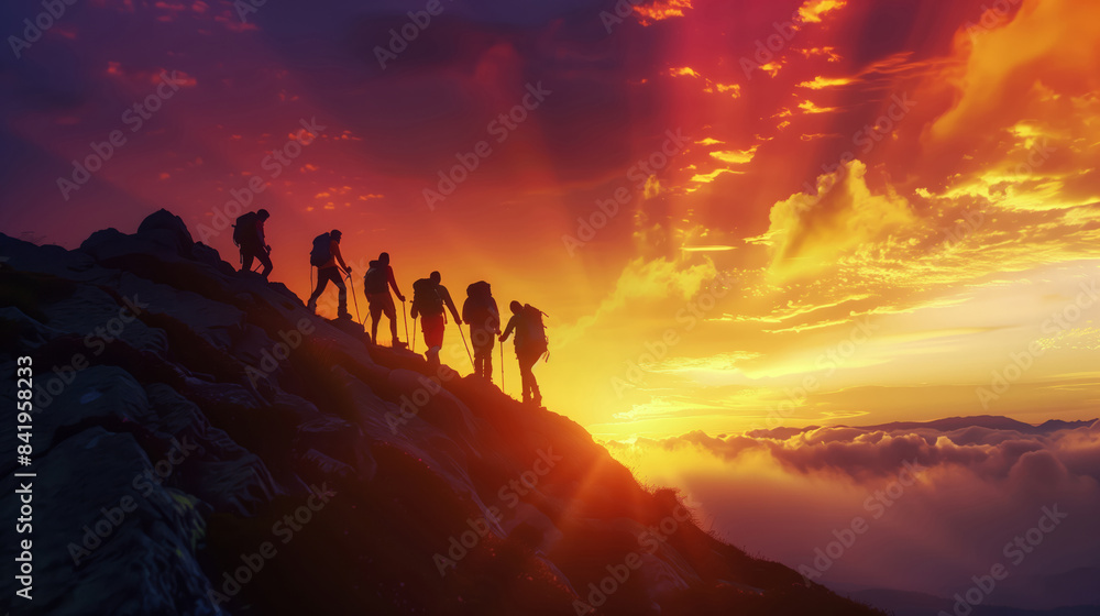  Large Group Of Hikers Admiring Colorful Sunset From Mountain Ridge