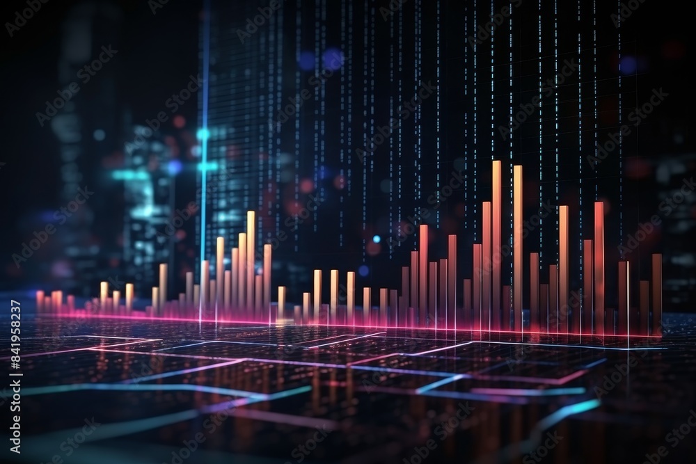 Abstract digital data visualization with glowing bars and lines, representing growth and innovation. Abstract digital data visualization with glowing bars and lines, representing growth and innovation.