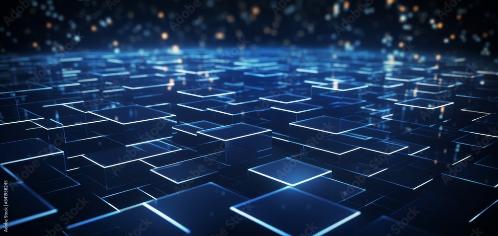 Fototapeta premium Abstract digital grid with glowing blue lines and particles.