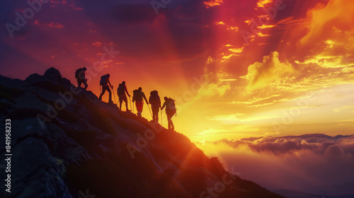  Large Group Of Hikers Admiring Colorful Sunset From Mountain Ridge