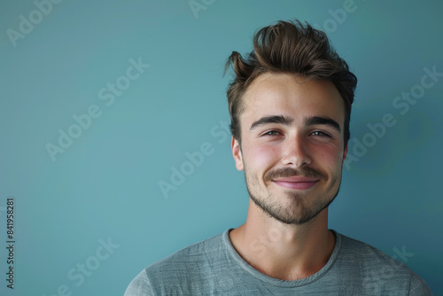 A close up portrait of a young man with a subtle smile