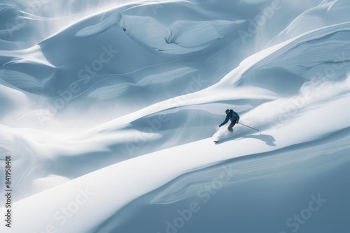 A snowboarder glides through untracked powder photo