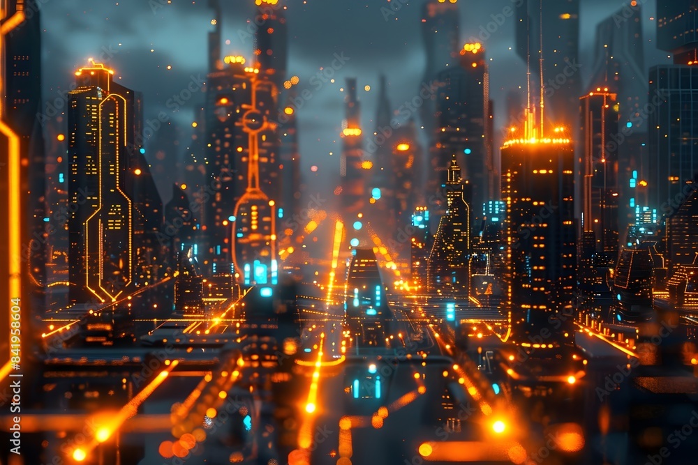 Naklejka premium A futuristic cityscape illuminated by glowing AI powered infrastructure, with the text AI Shaping the world of tomorrow