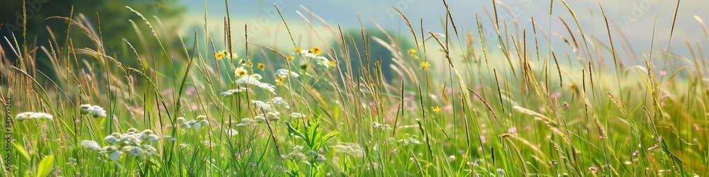 Serene summer meadow with tall grass and wildflowers swaying in the breeze, ideal for tranquil nature-themed text. Serene summer meadow with tall grass and wildflowers swaying in the breeze, ideal for tranquil nature-themed text.