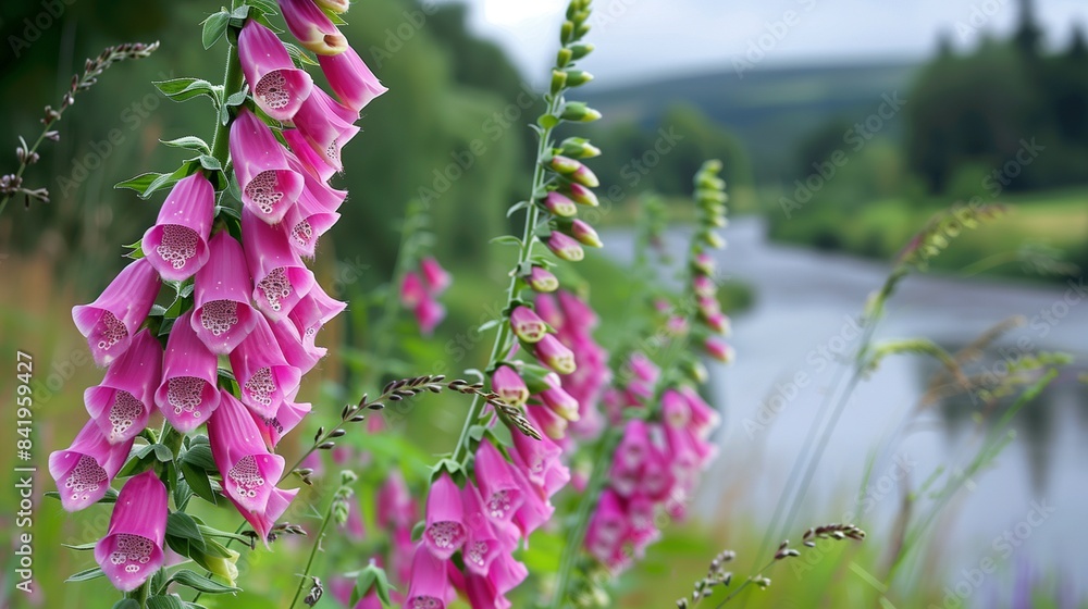 Obraz premium Serene summer meadow with pink foxgloves and a calm river in the background, offering ample copy space for text