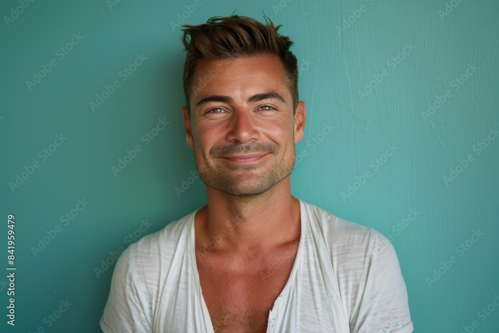 A close up portrait of a young man with a subtle smile A close up portrait of a young man with a subtle smile
