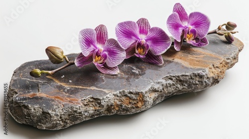 Spa stone adorned with orchid blossom on a white backdrop