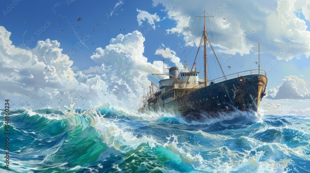 Fototapeta premium oil painting.Pirate ships fighting during a storm.