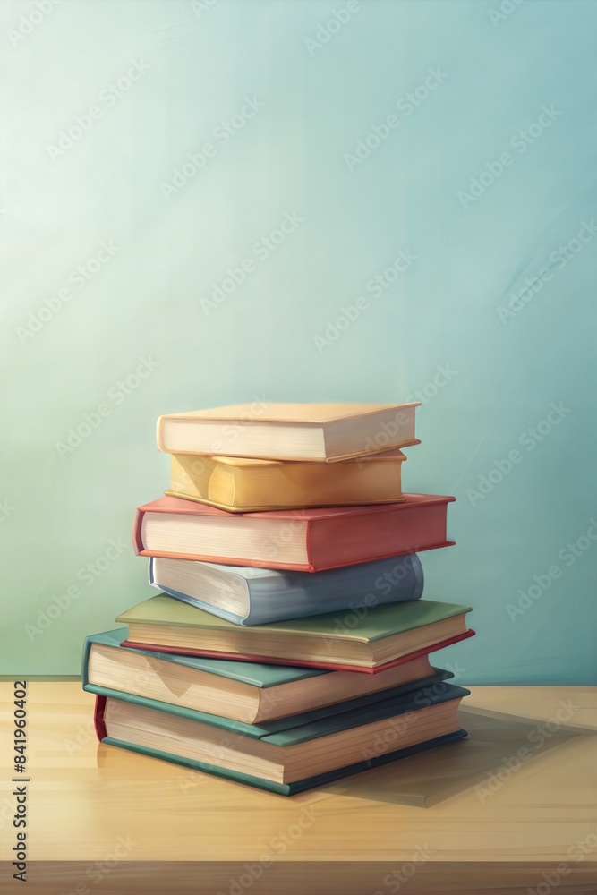 School book stack with green background or poster with copy space. School banner for education advertising symbolizing knowledge and education, learning, study School book stack with green background or poster with copy space. School banner for education advertising symbolizing knowledge and education, learning, study