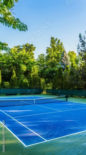 Serene summer tennis court with blue hard court surface and green surroundings, offering ample space for text