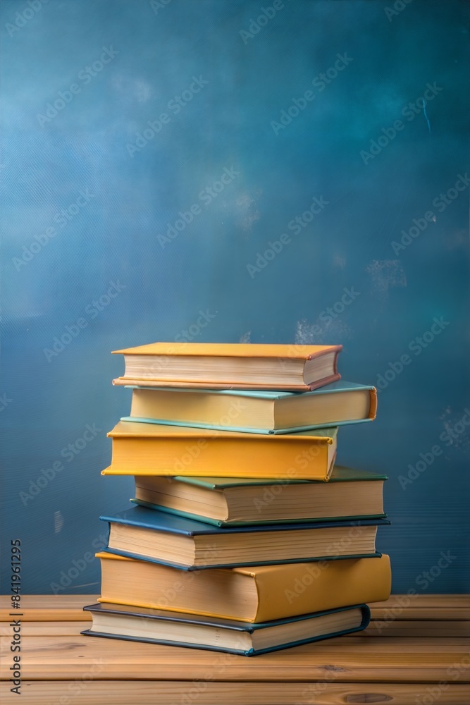 School book stack with blue background or poster with copy space. School banner for education advertising symbolizing knowledge and education, learning, study School book stack with blue background or poster with copy space. School banner for education advertising symbolizing knowledge and education, learning, study