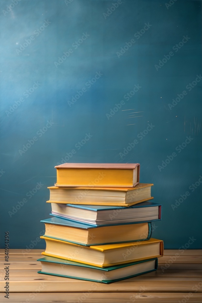 School book stack with blue background or poster with copy space. School banner for education advertising symbolizing knowledge and education, learning, study School book stack with blue background or poster with copy space. School banner for education advertising symbolizing knowledge and education, learning, study