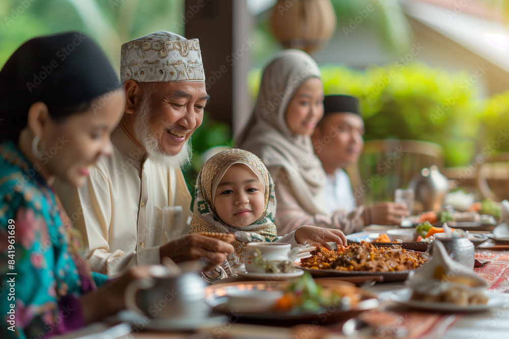 Muslim Family Sharing a Meal Together at an Outdoor Restaurant Muslim Family Sharing a Meal Together at an Outdoor Restaurant